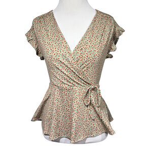 Monteau Floral Peplum Wrap Top Women’s S Green V-Neck Flutter Sleeve